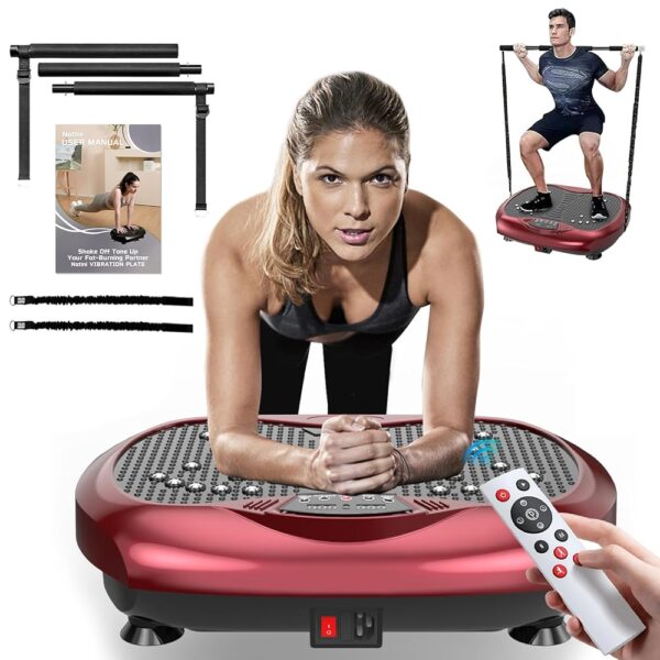 Vibration Plate Exercise Machine - Whole Body Workout Vibration Platform Lymphatic Drainage Machine for Weight Loss Home Fitness w/Pilates Bar + Resistance Bands + Remote