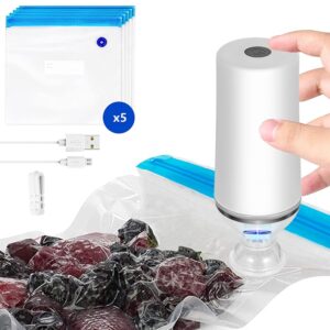 VICARKO Vacuum Food Sealer, Save Sealer, USB Rechargeable Handheld Pump, for Sous Vide and Food Storage, with 5 Reusable Zipper Vacuum Bags, Compatible with Anova Joule Sous...