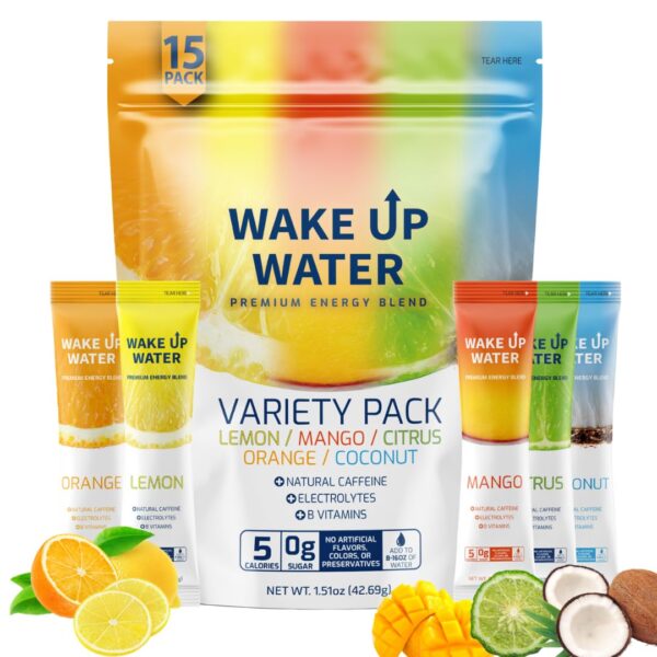 Wake Up Water - Energy + Hydration Sugar Free 15 Packet, Variety Pack - Energy Drink Powder, Electrolytes Powder Drink, Natural Caffeine Mix Packet, B Vitamins, 5 Calories,...