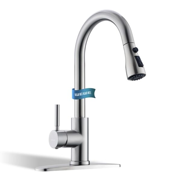 WEWE Kitchen Faucets, Brushed Kitchen Faucet with Pull Down Sprayer, 1 Hole or 3 Hole Faucet for Kitchen Sink and Also for Cottage Laundry Room Rv Bar