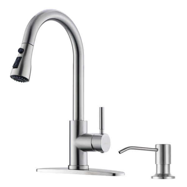 WEWE Kitchen Sink Faucet with Soap Dispenser, Kitchen Faucet with Pull Down Sprayer 3 Modes Stainless Steel Single Handle Single Hole Pull Out Brushed Nickel Faucet for Bar...